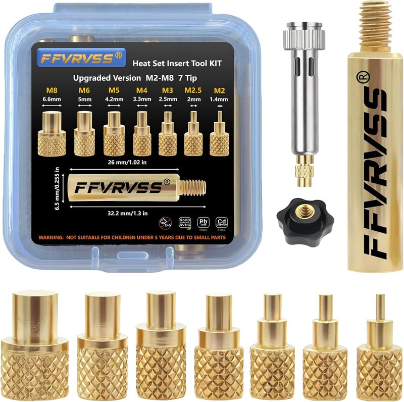 FFVRVSS Premium Heat Set Insert Tool kit, for Threaded inserts M2 M2.5 M3 M4 M5 M6 M8, Soldering Iron Tips for Plastic 3D Printer Users, Compatible FX-888D 900M T18 Irons (M2-M8 Upgraded 8 Tips) - Image 1